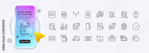 Vip mail, Smile face and Artificial intelligence line icons for web app. Phone mockup gradient screen. Pack of 24h service, Cloud system, Search document pictogram icons. Vector