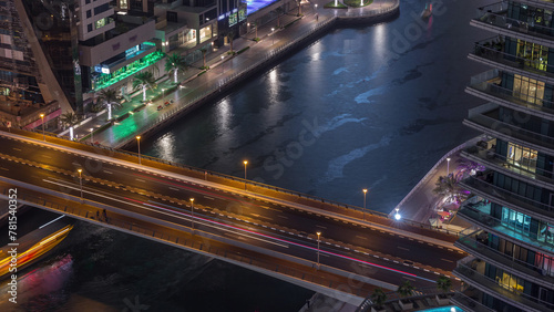 Waterfront promenade in Dubai Marina aerial night timelapse. Dubai, United Arab Emirates © neiezhmakov