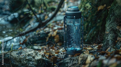 Transparent Glass Bottle with Water Purification Tablets for Outdoor Adventurers in Wilderness Setting