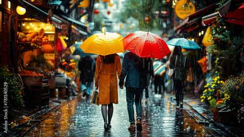Man and woman holding bright umbrella, walking under the rain along the street of the city. Autumn rainy day. The view from the back. © Marina_Nov