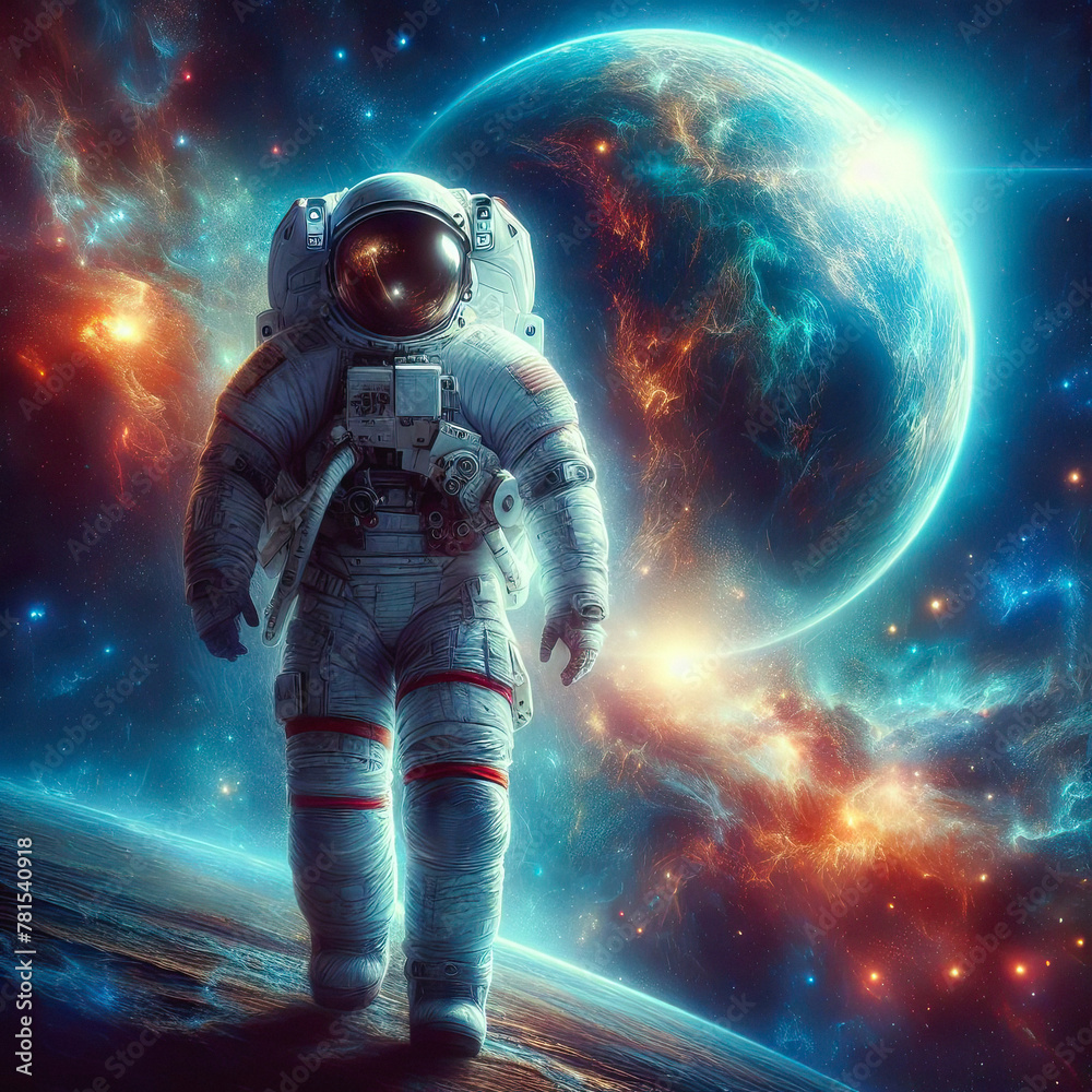 Fototapeta premium A Walk Among the Stars: Astronaut Explores the Vastness of Space. generative AI