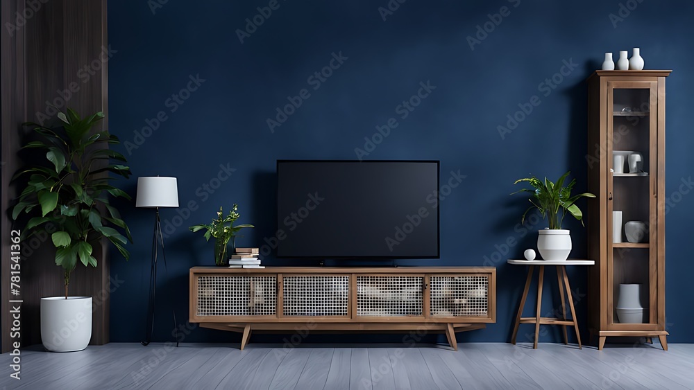 Living room with cabinet for tv on dark blue color wall background