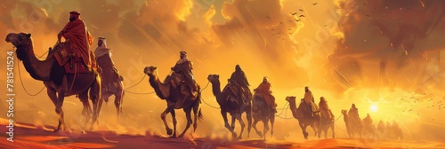 A caravan of camels with riders crosses the sultry desert, transporting goods on camels along a sand dune, nomadic life, banner photo