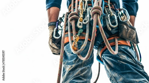 Mountain Climber in climbing gear, with ropes and carabiners photo