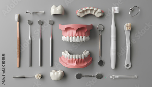 Jaw model, dental tools and toothbrush on grey background photo