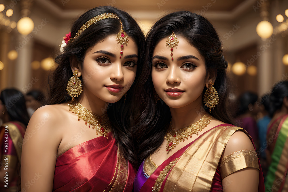 Elegant Sisters Adorned in Traditional Indian Attire Celebrate Raksha Bandhan with Joy  