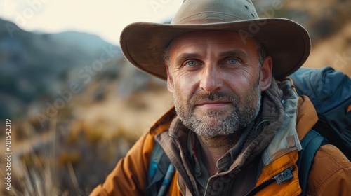 Archaeologist wearing rugged clothes, a hat