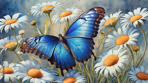 colorful blue tropical morpho butterfly on delicate daisy flowers painted wit...