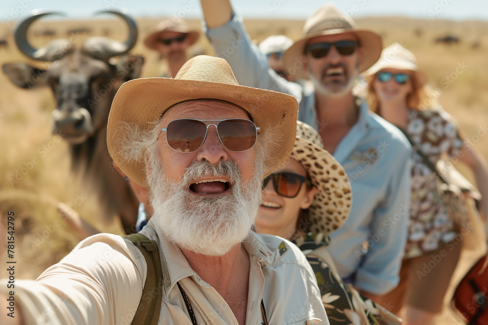 Fototapeta premium Active aging, happy group of senior people smiling at camera on the safari, in the sun-drenched savannah, showcasing the joy of wildlife safaris.