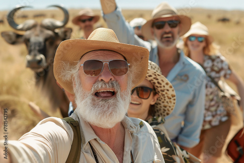 Active aging, happy group of senior people smiling at camera on the safari, in the sun-drenched savannah, showcasing the joy of wildlife safaris.