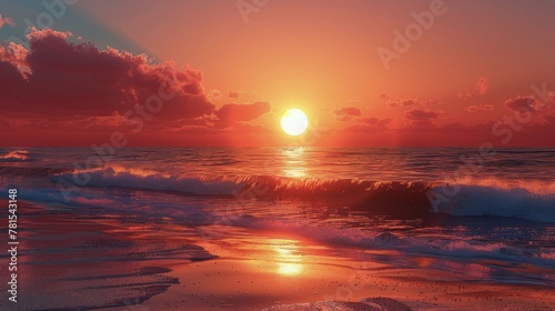 Sun Setting Over Ocean Waves © yganko