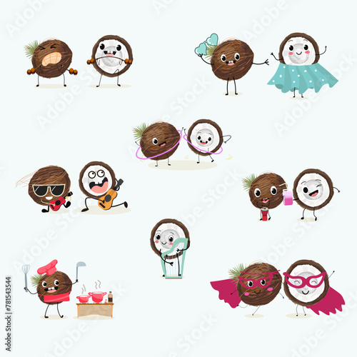 Cute coconut fruit characters set, collection. Flat vector illustration. Activities, playing musical instruments, sports, funny fruits.