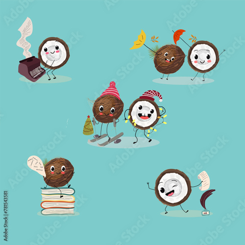 Cute coconut fruit characters set, collection. Flat vector illustration. Activities, playing musical instruments, sports, funny fruits.