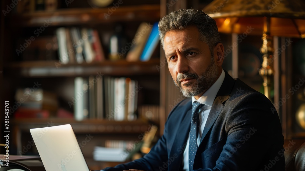 Fototapeta premium Cybercrime Investigator - Wearing a business suit, with a laptop