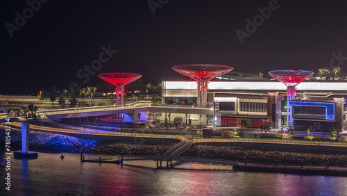 Photography Bluewaters Island in Dubai aerial night timelapse with illuminated buildings