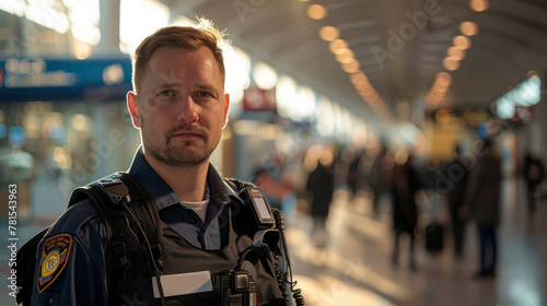 Airport Security Officer in a uniform, carrying security equipment