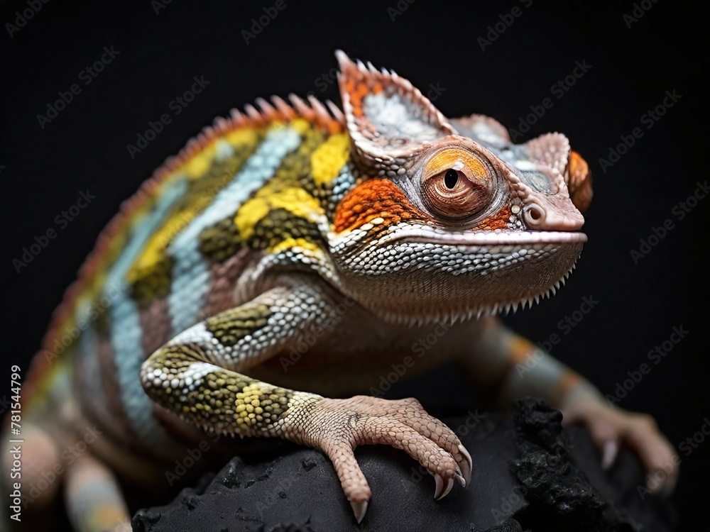 Female fischer chameleon on a black background - obrazy, fototapety, plakaty 