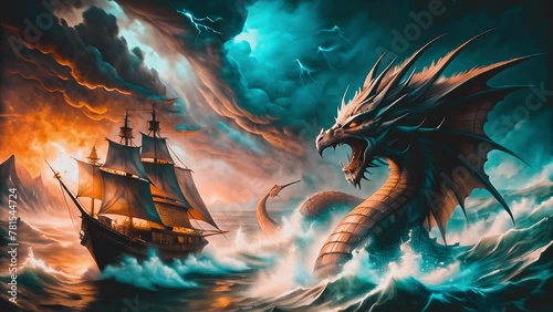A fierce dragon battling a ship on the stormy seas photo