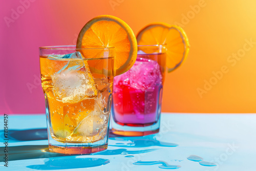 Two glasses of drinks with ice and orange slices on top. One is a pink drink and the other is a clear drink. colourful drinks in a bright background