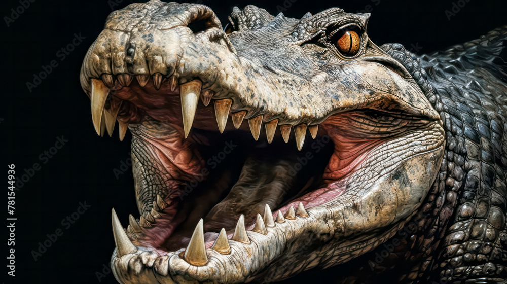 A crocodile with its mouth wide open, showing its teeth. Concept of danger and power, as the crocodile's mouth is wide open, ready to attack. The teeth are sharp and menacing A crocodile with its mouth wide open, showing its teeth. Concept of danger and power, as the crocodile's mouth is wide open, ready to attack. The teeth are sharp and menacing