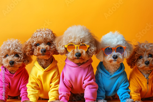 Three dogs wearing party hats and orange and blue jackets. The dogs are standing in front of a yellow background. Creative concept. Poodle dog in a group. copy space. birthday party invitation banner