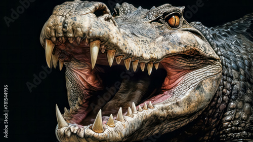 A crocodile with its mouth wide open  showing its teeth. Concept of danger and power  as the crocodile s mouth is wide open  ready to attack. The teeth are sharp and menacing