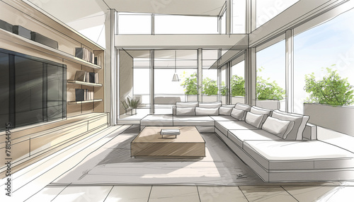 Elegant Modern Living Room Sketch with Natural Light and Comfort © Mathieu