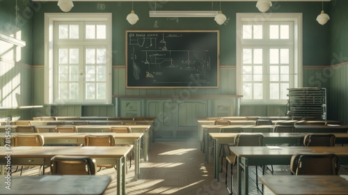 Empty chairs in classroom no student and teacher in public school with different nature over light from windows and shadow. Soft Vintage Style. High quality photo