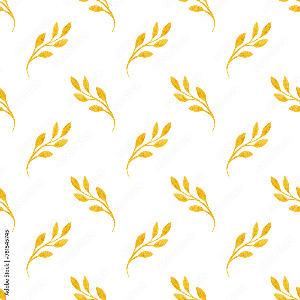 Fototapeta premium Watercolor botanical wallpaper and fabric design. Autumn falling yellow tree leaves. Silhouettes of twigs. Floral decor on a white background. Boho style texture and print