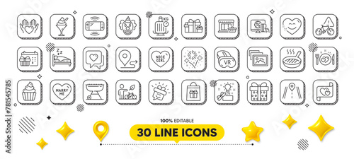 Grill pan, Fireworks and Gift box line icons pack. 3d design elements. Eco bike, Grill, Baggage scales web icon. Marketplace, Hold heart, Romantic dinner pictogram. Smile, Clown, Vr. Vector
