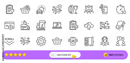 Washing hands, Communication and Laptop repair line icons for web app. Pack of Timer, Airplane travel, Global business pictogram icons. Augmented reality, Shopping basket, Open door signs. Vector
