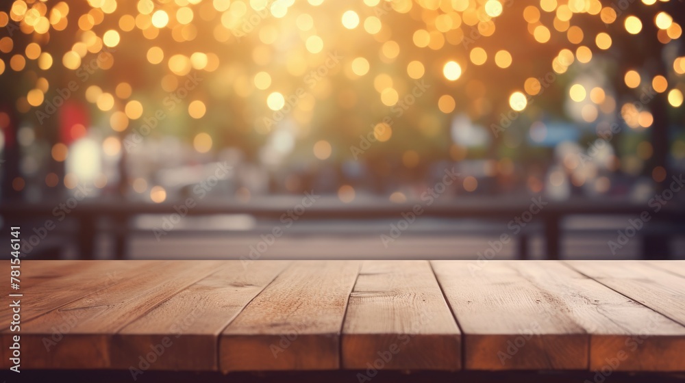Dark background with festive, Christmas lights in front of a table. mockup, background or texture. space for text Dark background with festive, Christmas lights in front of a table. mockup, background or texture. space for text