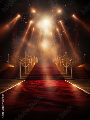 Red carpet in the light of golden spotlights. award and VIP party. velvet carpet. award and victory in cinema or music