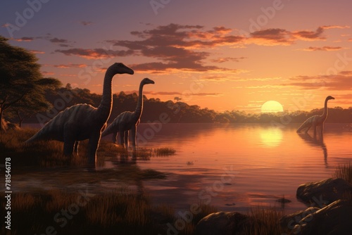 brachiosaurus near a river or lake at sunset. silhouette prehistoric dinosaur © Svetlana