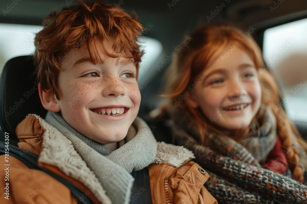 Funny children with red hair travel on the back of the car. Family travel. Funny children with red hair travel on the back of the car. Family travel.