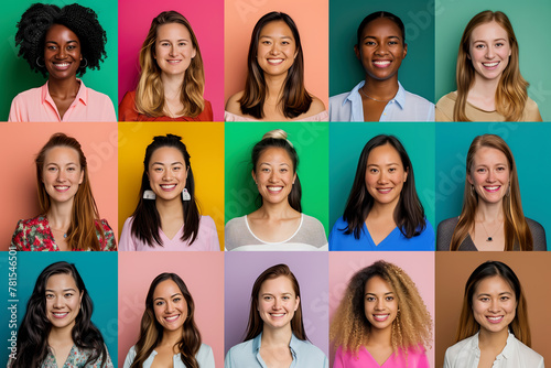 Several beautiful young girls on a bright background in full face. Happy women in the form of a portrait collage. A few cheerful girls. Friendship of peoples.Portrait of young girls of different races