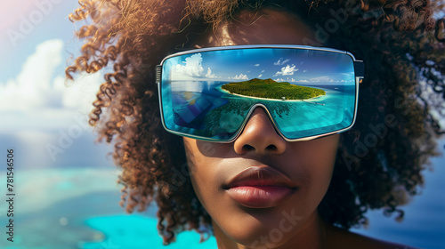 A pretty, slightly smiling black young girl in stylish fashionable sunglasses, with a reflection of a tropical island. Fashion, travel and a black woman in sunglasses for summer. Curly hair
