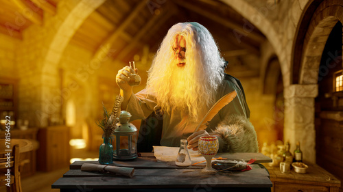 An old man alchemist in a medieval chemical laboratory workshop