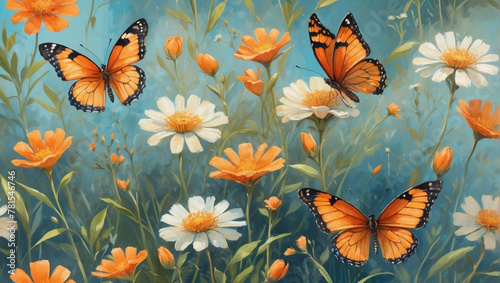 With each stroke of the brush, a story of delicate wildflowers and orange butterflies emerges, painted in the rich textures of oil. © xKas