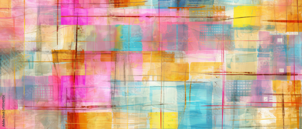 Vibrant Abstract Textile Art with Translucent Layers and Urban Elements Vibrant Abstract Textile Art with Translucent Layers and Urban Elements