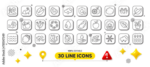 Bacteria, Pistachio nut and Leaf dew line icons pack. 3d design elements. Bio tags, Organic tested, Carrots web icon. Snow weather, Water care, Snowflake pictogram. Vector