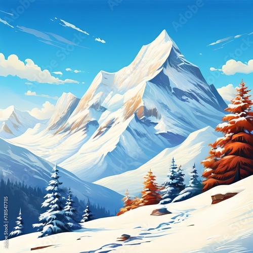 Nestled in the heart of an icy wilderness, majestic mountains rise proudly towards the heavens, their peaks adorned with a blanket of pristine snow that glistens in the sunlight.  photo