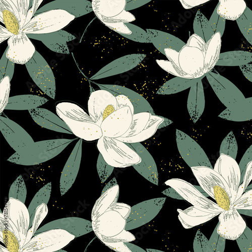 Seamless pattern of magnolia flowers and green leaves on black background
