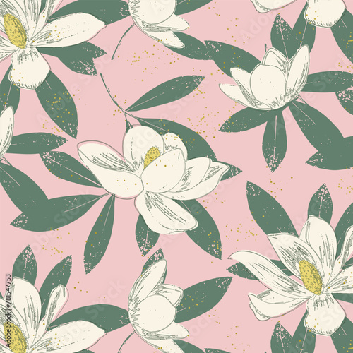Seamless pattern of magnolia flowers and green leaves on pink background