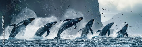 A flock of frolicking whales jumps out of the water, banner photo