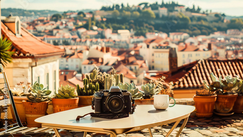 A camera and coffee cup overlook a scenic European cityscape from a rooftop surrounded by succulent plants on a sunny morning. photo