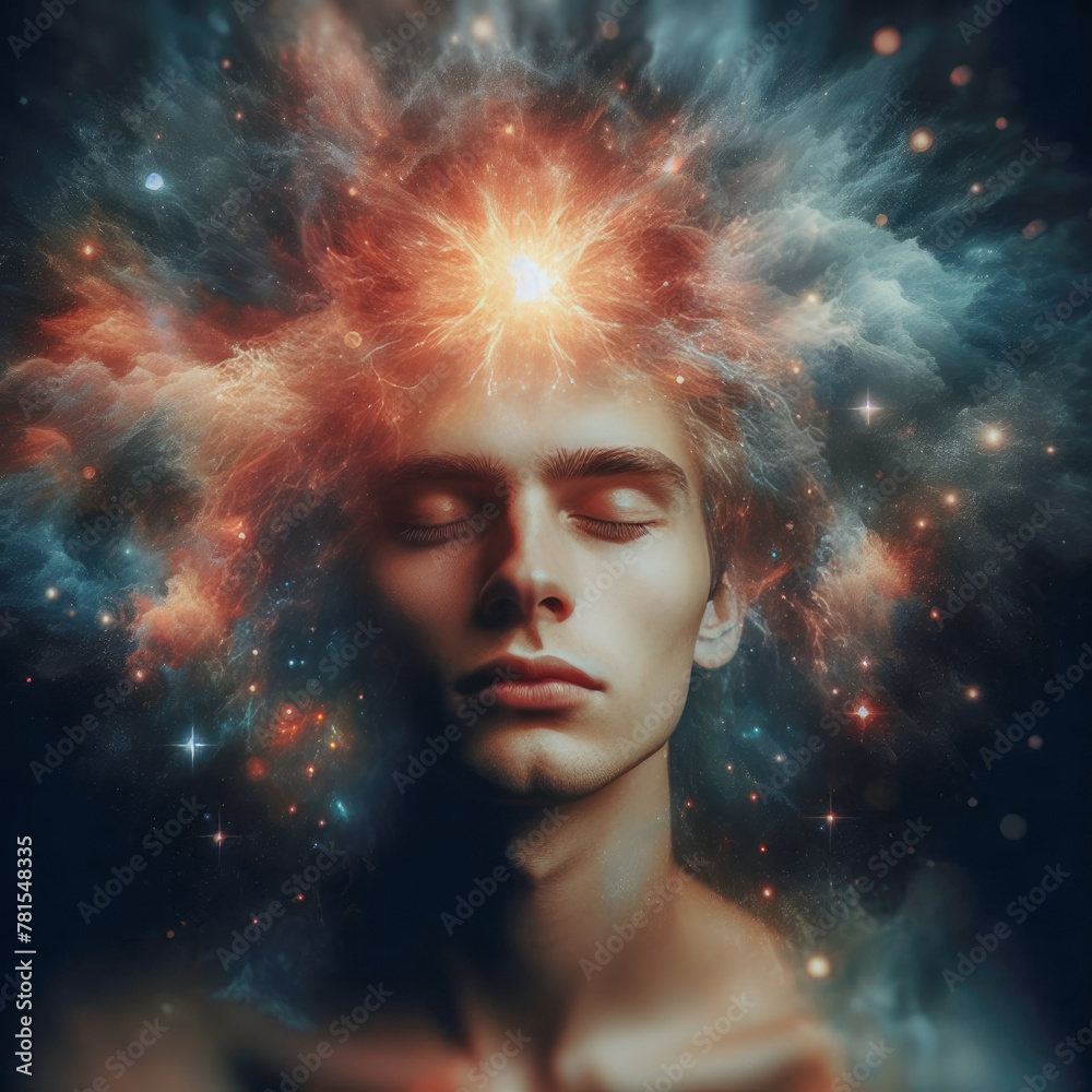 A young man with eyes closed is in meditation, samadhi, transcendental meditation A young man with eyes closed is in meditation, samadhi, transcendental meditation