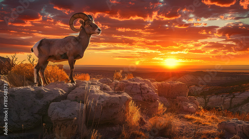 Sunset Standoff: A Majestic Bighorn Sheep Basks in the Breathtaking Beauty of New Mexico's Landscape photo