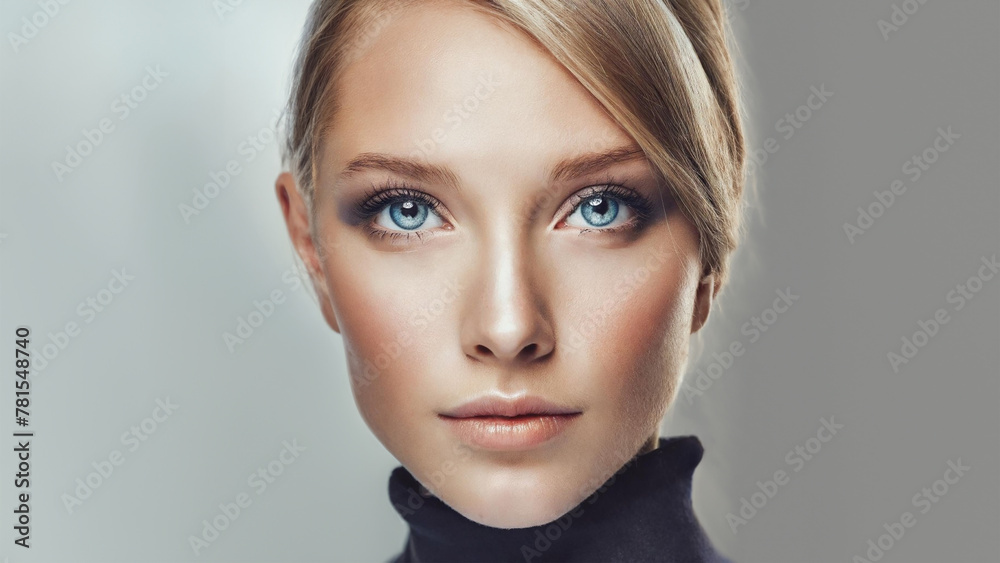 Beautiful blonde woman with straight hair on gray background. Beautiful blonde woman with straight hair on gray background.