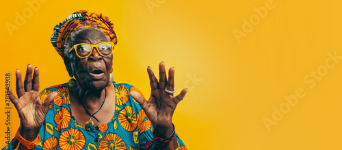 Funny looking older African woman, with excited expression, hands in air. Studio photo banner copy space on side. Generative AI photo